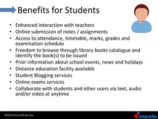 Benefits for Students
    • Enhanced interaction with teachers
    • Online submission of notes / assignments
    • Access to attendance, timetable, marks, grades and
      examination schedule
    • Freedom to browse through library books catalogue and
      identify the book(s) to be issued
    • Prior information about school events, news and holidays
    • Distance education facility available
    • Student Blogging services
    • Online exams services
    • Collaborate with students and other users via text, audio
      and/or video at anytime


©2013 Prime Soft Services
 