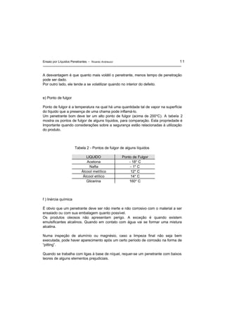 Ensaio por Líquidos Penetrantes - Ricardo Andreucci 11
A desvantagem é que quanto mais volátil o penetrante, menos tempo de penetração
pode ser dado.
Por outro lado, ele tende a se volatilizar quando no interior do defeito.
e) Ponto de fulgor
Ponto de fulgor é a temperatura na qual há uma quantidade tal de vapor na superfície
do líquido que a presença de uma chama pode inflamá-lo.
Um penetrante bom deve ter um alto ponto de fulgor (acima de 200°C). A tabela 2
mostra os pontos de fulgor de alguns líquidos, para comparação. Esta propriedade é
Importante quando considerações sobre a segurança estão relacionadas à utilização
do produto.
Tabela 2 - Pontos de fulgor de alguns líquidos
LIQUIDO Ponto de Fulgor
Acetona - 18° C
Nafta - 1° C
Álcool metílico 12° C
Álcool etílico 14° C
Glicerina 160° C
f ) Inércia química
É obvio que um penetrante deve ser não inerte e não corrosivo com o material a ser
ensaiado ou com sua embalagem quanto possível.
Os produtos oleosos não apresentam perigo. A exceção é quando existem
emulsificantes alcalinos. Quando em contato com água vai se formar uma mistura
alcalina.
Numa inspeção de alumínio ou magnésio, caso a limpeza final não seja bem
executada, pode haver aparecimento após um certo período de corrosão na forma de
“pitting”.
Quando se trabalha com ligas à base de níquel, requer-se um penetrante com baixos
teores de alguns elementos prejudiciais.
 