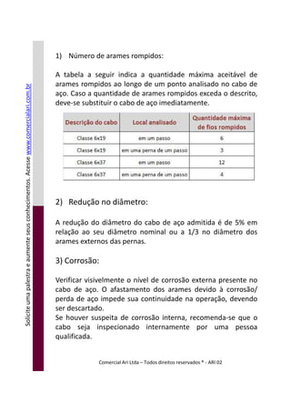 1) Número de arames rompidos:
A tabela a seguir indica a quantidade máxima aceitável de
arames rompidos ao longo de um ponto analisado no cabo de
aço. Caso a quantidade de arames rompidos exceda o descrito,
deve-se substituir o cabo de aço imediatamente.
2) Redução no diâmetro:
Soliciteumapalestraeaumenteseusconhecimentos.Acessewww.comercialari.com.br
Comercial Ari Ltda – Todos direitos reservados ® - ARI 02
2) Redução no diâmetro:
A redução do diâmetro do cabo de aço admitida é de 5% em
relação ao seu diâmetro nominal ou a 1/3 no diâmetro dos
arames externos das pernas.
3) Corrosão:
Verificar visivelmente o nível de corrosão externa presente no
cabo de aço. O afastamento dos arames devido à corrosão/
perda de aço impede sua continuidade na operação, devendo
ser descartado.
Se houver suspeita de corrosão interna, recomenda-se que o
cabo seja inspecionado internamente por uma pessoa
qualificada.
Soliciteumapalestraeaumenteseusconhecimentos.Acesse
 