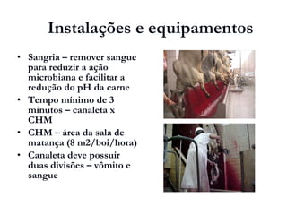 Sangria – remover sangue
para reduzir a ação
microbiana e facilitar a
redução do pH da carne
 Tempo mínimo de 3
minutos – canaleta x
CHM
 CHM – área da sala de
matança (8 m2/boi/hora)
 Canaleta deve possuir
duas divisões – vômito e
sangue
Instalações e equipamentos
 
