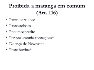 Proibida a matança em comum
(Art. 116)
 Paratuberculose
 Pasteureloses
 Pneumoenterite
 Peripneumonia contagiosa*
 Doença de Newcastle
 Peste bovina*
 