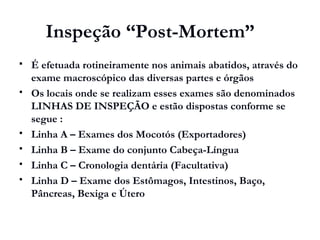 Inspeção “Post-Mortem”
 É efetuada rotineiramente nos animais abatidos, através do
exame macroscópico das diversas partes e órgãos
 Os locais onde se realizam esses exames são denominados
LINHAS DE INSPEÇÃO e estão dispostas conforme se
segue :
 Linha A – Exames dos Mocotós (Exportadores)
 Linha B – Exame do conjunto Cabeça-Língua
 Linha C – Cronologia dentária (Facultativa)
 Linha D – Exame dos Estômagos, Intestinos, Baço,
Pâncreas, Bexiga e Útero
 