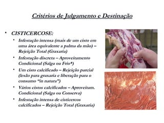 Critérios de Julgamento e Destinação
 CISTICERCOSE:
 Infestação intensa (mais de um cisto em
uma área equivalente a palma da mão) –
Rejeição Total (Graxaria)
 Infestação discreta – Aproveitamento
Condicional (Salga ou Frio*)
 Um cisto calcificado – Rejeição parcial
(lesão para graxaria e liberação para o
consumo “in natura”)
 Vários cistos calcificados – Aproveitam.
Condicional (Salga ou Conserva)
 Infestação intensa de cisticercos
calcificados – Rejeição Total (Graxaria)
 