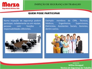 INSPEÇÃO DE SEGURANÇA DO TRABALHO


                         QUEM PODE PARTICIPAR


Numa inspeção de segurança podem         Exemplo: membros da CIPA, Técnicos,
participar, isoladamente ou em equipe,   Médicos,       Engenheiros,     Supervisores,
pessoas         com     funções     e    Eletricistas, Assistentes Sociais, Gerentes,
responsabilidades diferentes.            dentre outros.




                                                                     INSTRUTOR
                                                                 Willian Bronguel
                                                        Técnico em Segurança do Trabalho
 