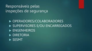 Responsáveis pelas
inspeções de segurança
 OPERADORES/COLABORADORES
 SUPERVISORES E/OU ENCARREGADOS
 ENGENHEIROS
 DIRETORIA
 SESMT
 