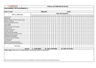 CHECK LIST MÁQUINADE SOLDA
RESPONSÁVEL PELO EQUIPAMENTO:
Área / Local: Mês/Ano: TAG:
ITEIS A VERIFICAR
Dias das Inspeções
01 02 03 04 05 06 07 08 09 10 11 12 13 14 15 16 17 18 19 20 21 22 23 24 25 26 27 28 29 30 31
Aspecto Geral
Aterramento
Avental , Mangas,perneira e luvas de raspa.
Biombo ou Tapume
Cabo de alimentação de força
Cabo negativo
Cabo positivo
Cabos e emendas bem isoladas
Cabos internos
Calçado de segurança
Carcaça / Chassis
Chave elétrica intermediária
Extintor de incêndio tipo Co2 ou PQS
Identificação da amperagem
Identificação da polaridade
Isento de riscos na proximidade
Limpeza do local
Local ventilado
Manivela do ajuste da amperagem
Masca de solda / Óculos de segurança
Assinaturas
SIGLAS: C - (CONFORME) - NC -(NÃO CONFORME) - NA -(NÃO APLICÁVEL)
Observação:(Descrever as irregularidades encontradas durante as inspeções).
OBS.: Os dias só serão preenchidos de acordo como uso do equipamento, sendo assim, haverá dias sem preenchimento pelo não uso.
 