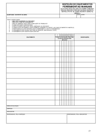17
INSPEÇÃO DE EQUIPAMENTOS
FERRAMENTAS MANUAIS
(ALAVANCA-BOCA DE LOBO-CAVADEIRA-CHIBANCA-
ENXADA-ENXADÃO-FOICE-MACHADINHA-MARRETA-
MARTELO-PÁ-PÉ DE CABRA-PICARETA-SERROTE)
(MENSAL)
QUANTIDADE EXISTENTE NA OBRA DATA HORA
ITENS A INSPECIONAR:
1. CABO ESTÁ QUEBRADO OU RACHADO?
2. CABO ESTÁ FIRME NA FERRAMENTA?
3. CABO DO TAMANHO IDEAL PARA A EXECUÇÃO DO TRABALHO?
4. O CABO ESTÁ BOM E SEM PINTURA?
5. A PARTE DE METAL NÃO ESTÁ TORTA, EMPENADA OU RACHADA?
6. A CABEÇA ESTÁ DEFORMADA, PONTA ROMBUDA, REBARBA OU GASTA? ( NO CASO DE MARRETA E MARTELO)
7. A PARTE METÁLICA ESTÁ ENFERRUJADA? (COMPROMETE O USO FA FERRAMENTA)?
8. A FERRAMENTA ESTÁ AFIADA? (NO CASO DE SERROTE, MACHADINHA, FOICE)
9. A FERRAMENTA ESTÁ IDENTIFICADA COM TAG?
EQUIPAMENTO
1 2 3 4 5 6 7 8 9
OBSERVAÇÕES
C (Para Conforme) NC (Para Não
Conforme) NA (Para Não
Aplicável)
OBRA/LOCALIZAÇÃO
EMPRESA
ÁREA/SETOR
RESPONSÁVEL PELA INSPEÇÃO RESPONSÁVEL PELA ÁREA/SETOR
 