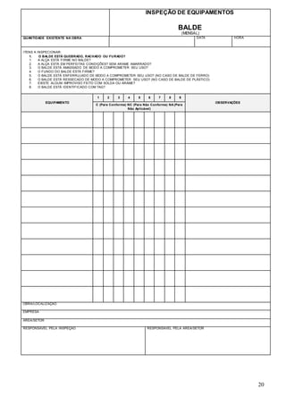 20
INSPEÇÃO DE EQUIPAMENTOS
BALDE
(MENSAL)
QUANTIDADE EXISTENTE NA OBRA DATA HORA
ITENS A INSPECIONAR:
1. O BALDE ESTÁ QUEBRADO, RACHADO OU FURADO?
1. A ALÇA ESTÁ FIRME NO BALDE?
2. A ALÇA ESTÁ EM PERFEITAS CONDIÇÕES? SEM ARAME AMARRADO?
3. O BALDE ESTÁ AMASSADO DE MODO A COMPROMETER SEU USO?
4. O FUNDO DO BALDE ESTÁ FIRME?
5. O BALDE ESTÁ ENFERRUJADO DE MODO A COMPROMETER SEU USO? (NO CASO DE BALDE DE FERRO)
6. O BALDE ESTÁ RESSECADO DE MODO A COMPROMETER SEU USO? (NO CASO DE BALDE DE PLÁSTICO)
7. EXISTE ALGUM IMPROVISO FEITO COM SOLDA OU ARAME?
8. O BALDE ESTÁ IDENTIFICADO COM TAG?
EQUIPAMENTO
1 2 3 4 5 6 7 8 9
OBSERVAÇÕES
C (Para Conforme) NC (Para Não Conforme) NA (Para
Não Aplicável)
OBRA/LOCALIZAÇÃO
EMPRESA
ÁREA/SETOR
RESPONSÁVEL PELA INSPEÇÃO RESPONSÁVEL PELA ÁREA/SETOR
 