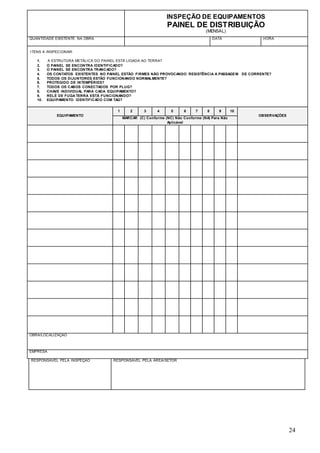 24
INSPEÇÃO DE EQUIPAMENTOS
PAINEL DE DISTRIBUIÇÃO
(MENSAL)
QUANTIDADE EXISTENTE NA OBRA DATA HORA
ITENS A INSPECIONAR:
1. A ESTRUTURA METÁLICA DO PAINEL ESTÁ LIGADA AO TERRA?
2. O PAINEL SE ENCONTRA IDENTIFICADO?
3. O PAINEL SE ENCONTRA TRANCADO?
4. OS CONTATOS EXISTENTES NO PAINEL ESTÃO FIRMES NÃO PROVOCANDO RESISTÊNCIA A PASSAGEM DE CORRENTE?
5. TODOS OS DIJUNTORES ESTÃO FUNCIONANDO NORMALMENTE?
6. PROTEGIDO DE INTEMPÉRIES?
7. TODOS OS CABOS CONECTADOS POR PLUG?
8. CHAVE INDIVIDUAL PARA CADA EQUIPAMENTO?
9. RELÉ DE FUGA TERRA ESTÁ FUNCIONANDO?
10. EQUIPAMENTO IDENTIFICADO COM TAG?
EQUIPAMENTO
1 2 3 4 5 6 7 8 9 10
OBSERVAÇÕES
MARCAR (C) Conforme (NC) Não Conforme (NA) Para Não
Aplicável
OBRA/LOCALIZAÇÃO
EMPRESA
RESPONSÁVEL PELA INSPEÇÃO RESPONSÁVEL PELA ÁREA/SETOR
 