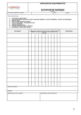 25
INSPEÇÃO DE EQUIPAMENTOS
EXTINTOR DE INCÊNDIO
(MENSAL)
QUANTIDADE EXISTENTE NA OBRA DATA HORA
ITENS A INSPECIONAR:
1. EPC POSSUI DECALQUE ABNT?
3. NÃO EXISTEM DANOS FÍSICOS AO CÍLINDRO (FERRUGEM, AMASSADO, ETIQUETA, MANÔMETRO, SUPORTE DE SUSTENTAÇÃO)
4. ASPECTO GERAL
5. PINO DE TRAVA EM PERFEITO ESTADO?
6. FALTA DE SINALIZAÇÃO / INSTRUÇÕES DE USO?
7. LACRE DO EXTINTOR?
8. EXTINTOR DESOBSTRUÍDO?
9. EXTINTOR ESTÁ COM A CARGA COMPLETA?
10. EQUIPAMENTO IDENTIFICADO COM TAG?
EQUIPAMENTO
1 2 3 4 5 6 7 8 9 10
OBSERVAÇÕES
MARCAR (C) Conforme (NC) Não Conforme (NA) Para Não
Aplicável
OBRA/LOCALIZAÇÃO
EMPRESA
RESPONSÁVEL PELA INSPEÇÃO RESPONSÁVEL PELA ÁREA/SETOR
 