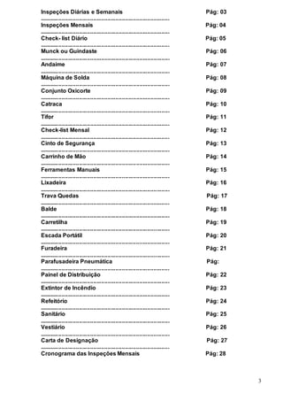 3
Inspeções Diárias e Semanais Pág: 03
..................................................................................
Inspeções Mensais
..................................................................................
Check- list Diário
..................................................................................
Pág: 04
Pág: 05
Munck ou Guindaste
..................................................................................
Pág: 06
Andaime
..................................................................................
Pág: 07
Máquina de Solda
..................................................................................
Pág: 08
Conjunto Oxicorte
..................................................................................
Pág: 09
Catraca
..................................................................................
Pág: 10
Tifor
..................................................................................
Check-list Mensal
..................................................................................
Pág: 11
Pág: 12
Cinto de Segurança
..................................................................................
Pág: 13
Carrinho de Mão
..................................................................................
Pág: 14
Ferramentas Manuais
..................................................................................
Pág: 15
Lixadeira
..................................................................................
Trava Quedas
..................................................................................
Pág: 16
Pág: 17
Balde
..................................................................................
Pág: 18
Carretilha
..................................................................................
Pág: 19
Escada Portátil
..................................................................................
Pág: 20
Furadeira
..................................................................................
Parafusadeira Pneumática
..................................................................................
Pág: 21
Pág:
Painel de Distribuição
..................................................................................
Pág: 22
Extintor de Incêndio
..................................................................................
Pág: 23
Refeitório
..................................................................................
Pág: 24
Sanitário
..................................................................................
Pág: 25
Vestiário
..................................................................................
Carta de Designação
..................................................................................
Cronograma das Inspeções Mensais
Pág: 26
Pág: 27
Pág: 28
 