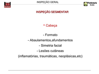 INSPEÇÃO GERAL

INSPEÇÃO SEGMENTAR

• Cabeça
- Formato
- Abaulamentos,afundamentos
- Simetria facial
- Lesões cutâneas
(inflamatórias, traumáticas, neoplásicas,etc)

 