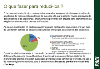 O que fazer para reduzi-los ?
É de conhecimento técnico que os sistemas e elementos construtivos necessitam de
atividades de manutenção ao longo de sua vida útil, para garantir níveis aceitáveis de
desempenho e de segurança, originalmente previstos em projeto para atendimento às
exigências dos usuários dessas edificações.
Ao serem analisados os acidentes ocorridos nas edificações comerciais em sua fase
de uso foram obtidos os seguintes resultados em função das origens dos acidentes:
Os dados obtidos remetem a conclusão de que há meios de se diminuir o colapso e a
deterioração precoce das edificações. É necessário implementar um sistema de
manutenção predial e realizar avaliações periódicas das condições técnicas, de uso e
de manutenção dos edifícios, que é exatamente a inspeção predial ou vistoria do
check-up.
15%
7%
78%
Anomalias Construtivas
Anomalias Funcionais
Falhas
(Relacionadas aos problemas da construção ou projeto)
(Relacionadas a perda de funcionalidade por final da
vida útil ou envelhecimento natural )
(Relacionadas à perda de desempenho por deficiência
No uso e nas atividades de manutenção periódica)
 