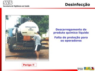 Descarregamento de
produto químico líquido
Falta de proteção para
os operadores
Desinfecção
Perigo !!
 