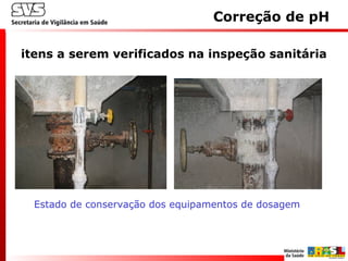 itens a serem verificados na inspeção sanitária
Estado de conservação dos equipamentos de dosagem
Correção de pH
 