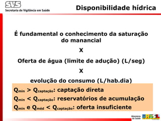 É fundamental o conhecimento da saturação
do manancial
X
Oferta de água (limite de adução) (L/seg)
X
evolução do consumo (L/hab.dia)
Qmin > Qcaptação: captação direta
Qmin < Qcaptação: reservatórios de acumulação
Qmin e Qméd < Qcaptação: oferta insuficiente
Disponibilidade hídrica
 