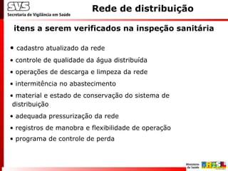 itens a serem verificados na inspeção sanitária
Rede de distribuição
• cadastro atualizado da rede
• controle de qualidade da água distribuída
• operações de descarga e limpeza da rede
• intermitência no abastecimento
• material e estado de conservação do sistema de
distribuição
• adequada pressurização da rede
• registros de manobra e flexibilidade de operação
• programa de controle de perda
 