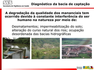 A degradação da qualidade dos mananciais tem
ocorrido devido à constante interferência do ser
humano na natureza por meio de:
Desmatamentos; impermeabilização do solo;
alteração do curso natural dos rios; ocupação
desordenada das bacias hidrográficas
Diagnóstico da bacia de captação
 