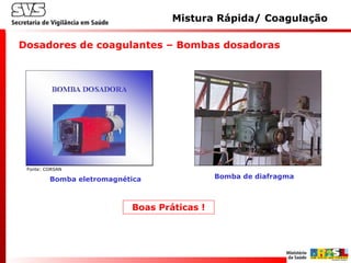 Dosadores de coagulantes – Bombas dosadoras
Boas Práticas !
Bomba eletromagnética Bomba de diafragma
Mistura Rápida/ Coagulação
Fonte: CORSAN
 