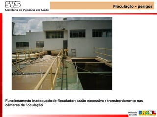 Funcionamento inadequado de floculador: vazão excessiva e transbordamento nas
câmaras de floculação
Floculação - perigosFloculação - perigos
 