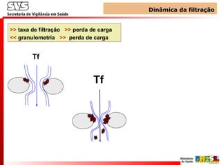 Dinâmica da filtraçãoDinâmica da filtração
Tf
Tf
>> taxa de filtração >> perda de carga
<< granulometria >> perda de carga
 