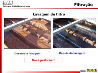 Lavagem de filtro
Durante a lavagem Depois da lavagem
Boas práticas!!
Filtração
 