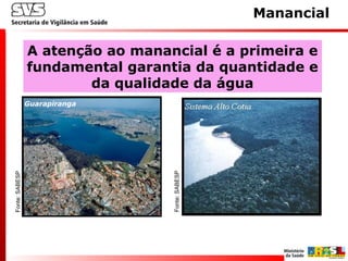Manancial
A atenção ao manancial é a primeira e
fundamental garantia da quantidade e
da qualidade da água
Fonte:SABESP
Fonte:SABESP
Guarapiranga
 