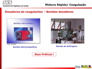 Dosadores de coagulantes – Bombas dosadoras
Boas Práticas !
Bomba eletromagnética Bomba de diafragma
Mistura Rápida/ Coagulação
Fonte: CORSAN
 