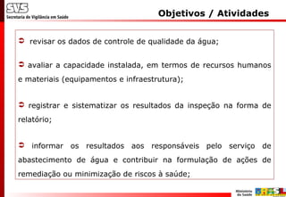  revisar os dados de controle de qualidade da água;
 avaliar a capacidade instalada, em termos de recursos humanos
e materiais (equipamentos e infraestrutura);
 registrar e sistematizar os resultados da inspeção na forma de
relatório;
 informar os resultados aos responsáveis pelo serviço de
abastecimento de água e contribuir na formulação de ações de
remediação ou minimização de riscos à saúde;
Objetivos / Atividades
 