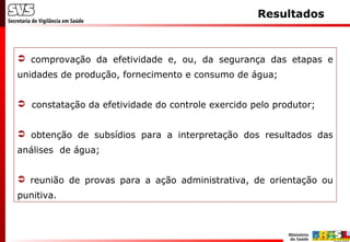 Resultados
 comprovação da efetividade e, ou, da segurança das etapas e
unidades de produção, fornecimento e consumo de água;
 constatação da efetividade do controle exercido pelo produtor;
 obtenção de subsídios para a interpretação dos resultados das
análises de água;
 reunião de provas para a ação administrativa, de orientação ou
punitiva.
 