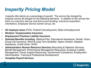 Insperity bills clients as a percentage of payroll.  The service fee charged by Insperity covers all charges for the following elements.  In addition to the service fee there is a one-time start-up cost that covers bonding, insurance acquisition, orientations, Employee Service Center set-up, etc.  All employer taxes  (FICA, Federal Unemployment, State Unemployment)  Workers’ Compensation Insurance Employment Practices Liability Insurance Selected Benefits Including  (Medical Plan, Educational Assistance, Dental, Vision, Group Life Insurance, Short & Long Term Disability, Optum Care24, Adoption Assistance, Credit Union, 401K) Administrative /Human Resource Services  (Recruiting & Selection Services, Benefit Management, Performance Management Resources, Employer Liability Management, Owner Support Resources, Government Compliance, Employment Administration, Training & Professional Development) Complete Payroll Services Insperity Pricing Model 
