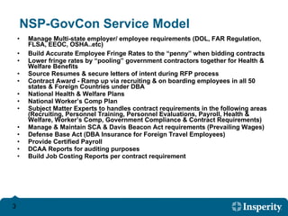 NSP-GovCon Service Model Manage Multi-state employer/ employee requirements (DOL, FAR Regulation, FLSA, EEOC, OSHA..etc)  Build Accurate Employee Fringe Rates to the “penny” when bidding contracts  Lower fringe rates by “pooling” government contractors together for Health & Welfare Benefits  Source Resumes & secure letters of intent during RFP process  Contract Award - Ramp up via recruiting & on boarding employees in all 50 states & Foreign Countries under DBA  National Health & Welfare Plans  National Worker’s Comp Plan  Subject Matter Experts to handles contract requirements in the following areas (Recruiting, Personnel Training, Personnel Evaluations, Payroll, Health & Welfare, Worker’s Comp, Government Compliance & Contract Requirements)  Manage & Maintain SCA & Davis Beacon Act requirements (Prevailing Wages)  Defense Base Act (DBA Insurance for Foreign Travel Employees)  Provide Certified Payroll  DCAA Reports for auditing purposes  Build Job Costing Reports per contract requirement  