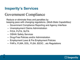 Insperity’s Services Reduce or eliminate fines and penalties by  keeping pace with changing regulations. ( Multi-State Capabilities) Government Compliance Reporting and Agency Interface  Unemployment Claims Administration  FICA, FUTA, SUTA  OSHA/ Safety Services Drug-Free Policies and/or Administration  Employment Laws & Pre Employment Policies FAR’s, FLMA, DOL, FLSA, EEOC…etc Regulations Government Compliance 