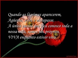 Quando as lágrimas aparecerem,  Agüente, sofra e ultrapasse.  A única pessoa que fica conosco toda a nossa vida, somos nós próprios.  VIVA enquanto estiver vivo. 