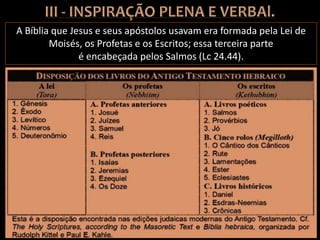 A Bíblia que Jesus e seus apóstolos usavam era formada pela Lei de
Moisés, os Profetas e os Escritos; essa terceira parte
é encabeçada pelos Salmos (Lc 24.44).
 