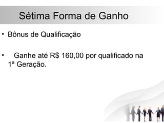 Sétima Forma de Ganho
• Bônus de Qualificação

•     Ganhe até R$ 160,00 por qualificado na
    1ª Geração.
 