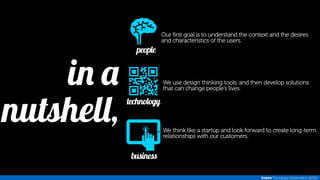 people 
technology 
business 
in a 
nutshell, 
Our first goal is to understand the context and the desires 
and characteristics of the users. 
We use design thinking tools, and then develop solutions 
that can change people’s lives. 
We think like a startup and look forward to create long-term 
relationships with our customers. 
Inspira Tecnologia | presentation @2014 
 