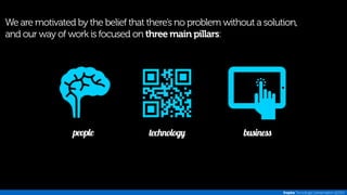 We are motivated by the belief that there’s no problem without a solution, 
and our way of work is focused on three main pillars: 
people technology business 
Inspira Tecnologia | presentation @2014 
 