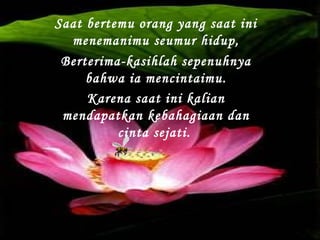 Saat bertemu orang yang saat ini
menemanimu seumur hidup,
Berterima-kasihlah sepenuhnya
bahwa ia mencintaimu.
Karena saat ini kalian
mendapatkan kebahagiaan dan
cinta sejati.

 