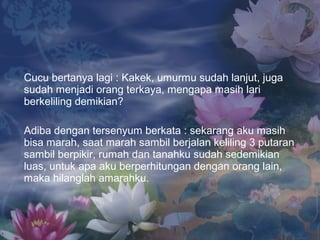 Cucu bertanya lagi : Kakek, umurmu sudah lanjut, juga
sudah menjadi orang terkaya, mengapa masih lari
berkeliling demikian?
Adiba dengan tersenyum berkata : sekarang aku masih
bisa marah, saat marah sambil berjalan keliling 3 putaran
sambil berpikir, rumah dan tanahku sudah sedemikian
luas, untuk apa aku berperhitungan dengan orang lain,
maka hilanglah amarahku.

 