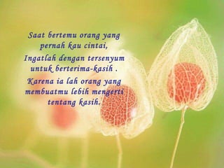 Saat bertemu orang yang
pernah kau cintai,
Ingatlah dengan tersenyum
untuk berterima-kasih .
Karena ia lah orang yang
membuatmu lebih mengerti
tentang kasih.

 