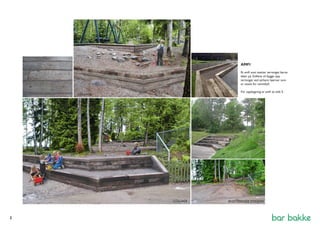 AMFI 
Et amfi som støtter terrenget barna 
leker på. Svillene vil bygge opp 
terrenget ved sårbare hjørner som 
er utsatt for vannskyll. 
For oppbygning av amfi se side 5. 
COLLAGE EKSISTERENDE SITASJON 
COLLAGE 
2 
 