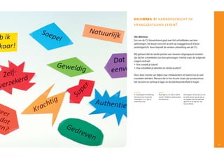 dilemma 3: aanbodgericht of
     vr aaggestuurd leren?

     Het dilemma
     Een van de CU­bouwstenen gaat over het ontwikkelen van leer­
     oplossingen. De keuze voor een accent op vraaggestuurd of juist
     aanbodgericht leren bepaalt de verdere uitwerking van de CU.

     Wij geloven dat de sterke punten van mensen uitgangspunt moeten
     zijn bij het ontwikkelen van leeroplossingen. Hierbij staan de volgende
     vragen centraal:
     •	Hoe	ontdek	je	talent?
     •	Hoe	ontwikkel	je	talenten	en	sterke	punten?

     Door deze manier van kijken naar medewerkers en teams kun je veel
     voordelen behalen. Mensen die in hun kracht staan zijn productiever,
     het verzuim en verloop is lager en de klanttevredenheid is hoger.



     Artikelen                       Boeken
     In: Opleiding & Ontwikkeling,   Buckingham , M. & D.O. Clifton.    Buckingham, M. (2008). Ga met
     themanummer Corporate           (2006). Ontdek je sterke punten.   je sterke punten aan de slag. in
     Universities, nr. 9, jrg. 13,   Het Spectrum.                      zes stappen naar het optimale
     september 2000.                                                    gebruik van je talenten. Van
                                                                        Duuren Media.




20                                                                                                         21
 