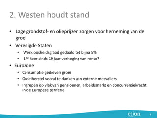 2. Westen houdt stand
• Lage grondstof- en olieprijzen zorgen voor herneming van de
groei
• Verenigde Staten
• Werkloosheidsgraad gedaald tot bijna 5%
• 1ste keer sinds 10 jaar verhoging van rente?
• Eurozone
• Consumptie gedreven groei
• Groeiherstel vooral te danken aan externe meevallers
• Ingrepen op vlak van pensioenen, arbeidsmarkt en concurrentiekracht
in de Europese periferie
4
 
