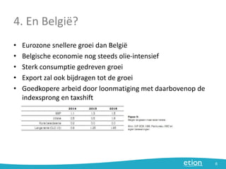 4. En België?
• Eurozone snellere groei dan België
• Belgische economie nog steeds olie-intensief
• Sterk consumptie gedreven groei
• Export zal ook bijdragen tot de groei
• Goedkopere arbeid door loonmatiging met daarbovenop de
indexsprong en taxshift
6
 