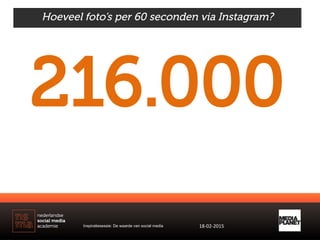 Hoeveel foto’s per 60 seconden via Instagram?
216.000
Inspiratiesessie: De waarde van social media 18-­‐02-­‐2015	
  
 