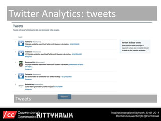 Twitter Analytics: tweets

Tweets
Couwenbergh
Communiceert

Inspirationsession Kittyhawk 30-01-2014
Herman Couwenbergh @Hermaniak

 