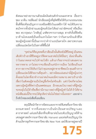 175
สังคมมาอย่างยาวนานด้วยเม็ดเงินส่วนตัวจ�ำนวนมหาศาล เรื่องราว
ของ นาดีน กอร์ดิมอร์ นักเขียนหญิงที่อุทิศชีวิตให้กับงานวรรณกรรม
ชั้นดีที่สะท้อนปัญหาการเหยียดสีผิวในแอฟริกาใต้  จนได้รับความ
สนใจจากทั้งนักอ่านและผู้คนทั่วโลกได้อย่างน่าอัศจรรย์  หรือเรื่อง
ของ ดร.กฤษณา ไกรสินธุ์ เภสัชกรจากเกาะสมุย สาวหัวรั้นที่คิดค้น
ยาต้านโรคเอดส์เป็นครั้งแรกในโลก ฯลฯ  ว่ากันตามจริงแล้วชีวิต
ของผู้หญิงเหล่านี้เป็นมากกว่าค�ำว่าแรงบันดาลใจ  เพราะพวกเธอ
เปลี่ยนแปลงโลกไปในทางที่ดีขึ้นได้
“จุดร่วมก็คือบุคคลที่เราเขียนถึงนั้นต้องยังมีชีวิตอยู่เป็นคอน
เส็ปต์ว่าถ้าเขามีชีวิตอยู่เราก็ติดตามเขาต่อไปได้เรื่อยๆ มันน่าตื่นเต้น
ว่าในอนาคตเขาจะไปท�ำอะไรอีก  แล้วเราก็อยากจะน�ำเสนอความ
หลากหลาย  เราไม่อยากจะเขียนถึงแต่นักการเมือง  ไม่เขียนถึงแต่
ดารา อยากจะให้เห็นว่าไม่ว่าคุณจะอยู่สาขาอาชีพอะไร คุณสร้างการ
เปลี่ยนแปลงได้ด้วยงานที่คุณท�ำ... อย่างน้อยแน่นอนว่ามีผู้หญิงเก่งๆ
ตั้งเยอะในโลกที่เขาท�ำงานน่าสนใจและมีความหมาย เพราะถ้าเรายัง
เชื่อว่าในสังคมผู้ชายเป็นใหญ่ซึ่งก็คงไม่จริงแล้ว แต่ว่าใครก็ตามโดย
เฉพาะผู้หญิงที่คิดว่าเป็นเพศอ่อนแอ มีกรอบอะไรบางอย่างที่ผู้หญิง
จะทะลุไปไม่ได้ หรือเชื่อว่ามีงานบางอย่างที่ผู้หญิงท�ำไม่ได้ ถ้าได้อ่าน
หนังสือเล่มนี้ก็อาจจะได้ฉุกคิดว่ามันไม่ใช่อย่างนั้นหรอก”  เธอกล่าว
ถึงหัวใจของหนังสือที่เธอเขียน
สฤณีคือนักวิชาการอิสระและอาจารย์พิเศษที่มหาวิทยาลัย
ธรรมศาสตร์  จากที่เคยอยากเป็นนักเรียนสายปรัชญาและ
ดาราศาสตร์  แต่เธอก็เลือกที่จะศึกษาต่อในระดับปริญญาตรีด้าน
เศรษฐศาสตร์จากมหาวิทยาลัย  Harvard  และต่อด้วยปริญญาโท
ด้านบริหารธุรกิจจากมหาวิทยาลัย New York เธอใช้เวลาอยู่หลายปี
 