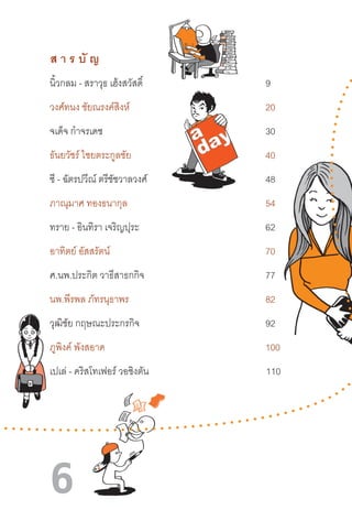 6
นิ้วกลม - สราวุธ เฮ้งสวัสดิ์ 				 9
วงศ์ทนง ชัยณรงค์สิงห์ 					 20
จเด็จ ก�ำจรเดช 						 30
ธันยวัชร์ ไชยตระกูลชัย 					 40
ซี - ฉัตรปวีณ์ ตรีชัชวาลวงศ์ 				 48
ภาณุมาศ ทองธนากุล 					 54
ทราย - อินทิรา เจริญปุระ 					 62
อาทิตย์ อัสสรัตน์ 					 70
ศ.นพ.ประกิต วาธีสาธกกิจ 				 77
นพ.พีรพล ภัทรนุธาพร 					 82
วุฒิชัย กฤษณะประกรกิจ 					 92
ภูพิงค์ พังสอาด 						 100
เปเล่ - คริสโทเฟอร์ วอชิงตัน 			 110
ส า ร บั ญ
 