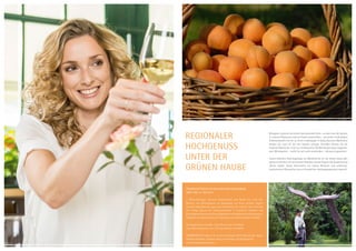 Biologisch, regional und immer das besondere Extra – so kann man die Speisen
in unserem Restaurant wohl am besten beschreiben – von einem reichhaltigen
Frühstücksbuffet bis hin zu einem erstklassigen 4-Gang-Gourmet-Wahlmenü
werden Sie rund um die Uhr bestens versorgt. Genießen können Sie die
kreativen Mahlzeiten nicht nur im Restaurant. Ob Weinbergterrasse, Skygarden
oder Wintergarten – wofür Sie sich auch entscheiden – Genuss ist garantiert.
Unsere beliebten Stammgasttage zur Marillenernte im Juli stehen dieses Jahr
speziellimZeichenvonheimischenProduktenausderRegion.DieAuszeichnung
„Grüne Haube“ (beste Naturküche mit hohem Bioanteil und vollwertig-
vegetarischem Genuss) hat uns zur Auswahl der Ausflugsprogramme inspiriert.
Regionaler
hochgenuss
unter der
grünen haube
Stammgasttreffen in den Wachauer Weinbergen
vom 9. bis 13. Juli 2014
4 Übernachtungen inklusive Vitalfrühstück vom Buffet bis 11:30 Uhr,
Marillen und Safranpräsent zur Begrüßung auf Ihrem Zimmer. Täglich
Gourmet-Abendmenüs sowie das Sommerfest mit Aperitif und Livemusik
am Freitag. Besuch der Safranmanufaktur in Dürnstein. Falknerei und
Greifvogelvorführung im Schloss Waldreichs im Waldviertel und Ausflug zur
Biokäserei mit Besichtigung der Stallungen und Verkostung der Produkte.
Im Doppelzimmer ab 496,- € pro Person und Aufenthalt.
Zzgl. Nächtigungstaxe von 1,57 € pro Person und Nacht.
SOMMERSPECIAL: Sparen Sie im Juli und August 2014 25% auf den tages­
aktuellen Bestpreis. Angebot gültig auf Anfrage und Verfügbarkeit.
www.krems.steigenberger.at
©Foto:DonauNiederösterreich/GregorSemrad©Foto:MK@peme.at
 